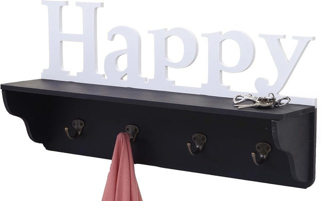 Wandgarderobe MCW D41 Happy aus massivem Kiefernholz mit 4 Haken und Regal, Schwarz/Weiß, B: 60 cm, H: 30 cm, T: 13 cm - Bild 1