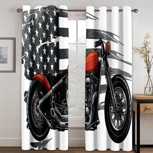 2er-Set Vorhang mit Motorrad-Skelett-Motiv im 3D-Digitaldruck, halbtransparent, Mehrfarbig, B: 70 cm, H: 185 cm - Bild 1