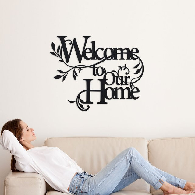 DDPNKL Wandkunst Welcome to Our Home aus Metall in Schwarz – Klassisches Design mit hohlen Buchstaben als stilvolles Wanddekor - Bild 1