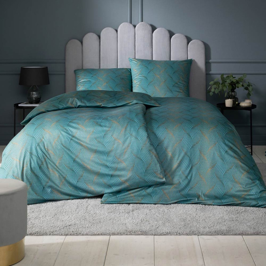 Estella Mako Jersey Bettwäsche Ruben petrol mit Spiralen und Wellen, B/H: 155 x 220 cm und Kissen: 80 x 80 cm - Bild 1