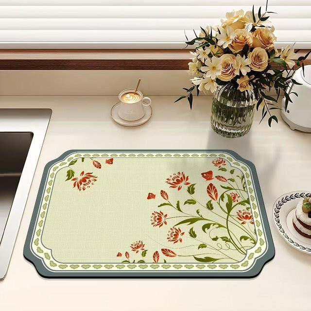 Retro Bodenmatte mit floralem Design in Grün, saugfähig und rutschfest, B/T: 60 x 40 cm - Bild 1