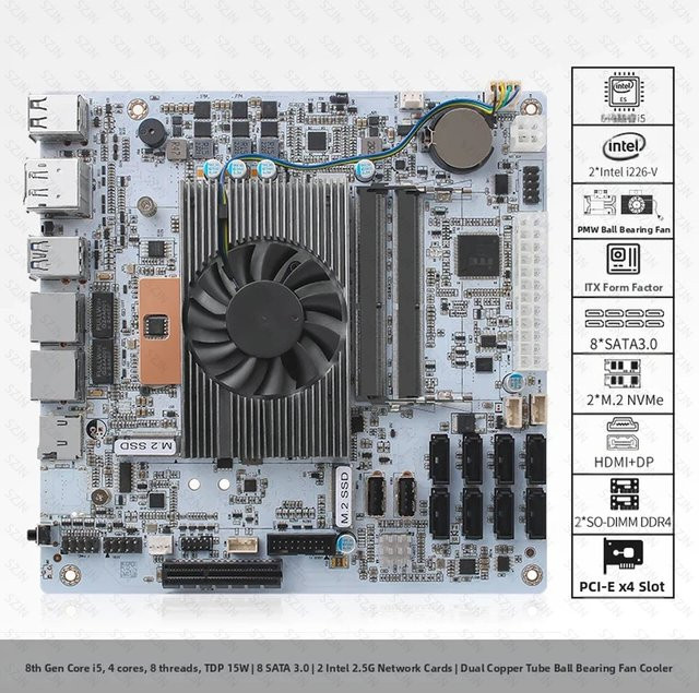 YiHESZ Mini ITX NAS Motherboard mit I5-8265U, 8-Bay, 2*2,5G LAN, 2*M.2 NVMe, 8*SATA3.0, 2*DDR4, HDMI und DP, 17 x 17 cm - Bild 1