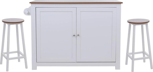 Kücheninsel MCW P61 mit 2 Sitzhockern und Staufächern in Landhausstil, Farbe Weiß und helles Holz, MDF, H x B x T: 90 x 120 x 45 cm - Bild 1