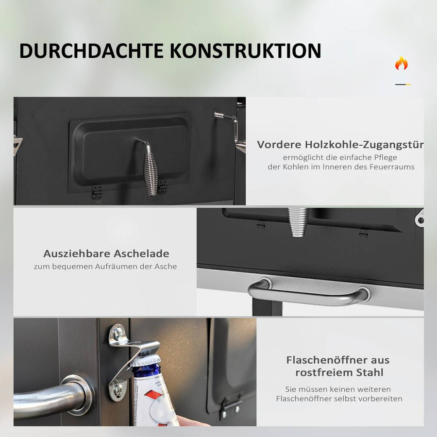 Outsunny Holzkohlegrill BBQ Standgrill aus Edelstahl in Schwarz, B/T/H: 65 x 113 x 108 cm - Bild 5