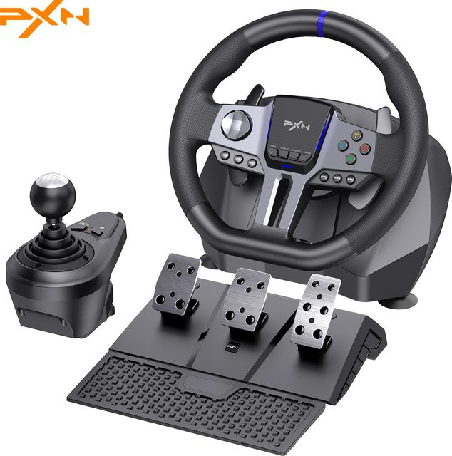 PXN V9 GEN2 Racing Wheel für PC, Xbox und PS4 mit 270/900 Grad, Hall-Effekt 3-Pedal-Set, H-Shifter, Doppel-Paddle und RGB in Schwarz - Bild 1