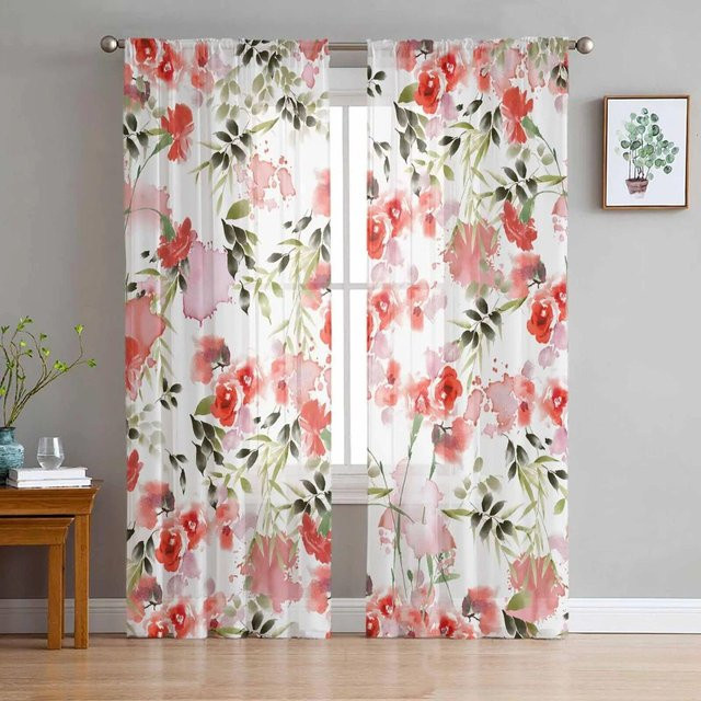 Transparente Aquarell-Blumen-Vorhänge von A Family Of Home Textiles in Weiß mit roten Rosen, Organza-Fenstervorhang aus Polyester, Breite: 135 cm, Höhe: 114 cm - Bild 1