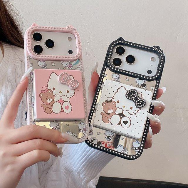 Sanrio Glitzer Diamant Schleife Handyhülle mit Klapp-Make-up-Spiegel für iPhone 17 16 15 14 13 Pro Max Plus in Pink - Bild 1