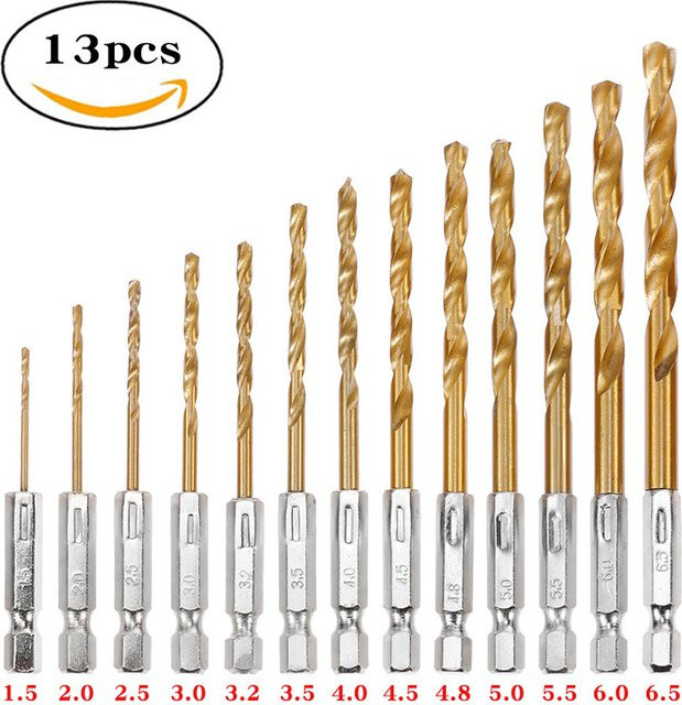 13-teiliges HS' HSS Spiralbohrer-Set mit Titanbeschichtung und Sechskantschaft in Gold und Braun für Metall und Holz - Bild 1