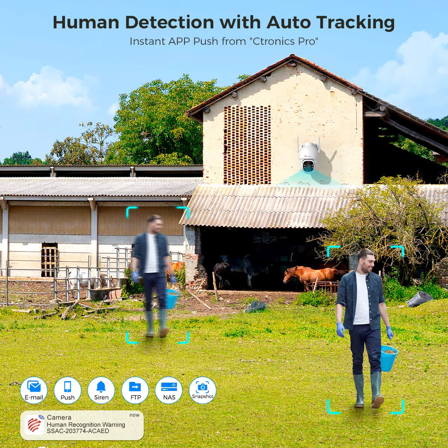 Ctronics 4G Outdoor Überwachungskamera mit SIM-Karte, 2K 1080P Auflösung, 360-Grad-Panorama, automatischer Verfolgung, Nachtsicht und Zwei-Wege-Audio in Weiß - Bild 3