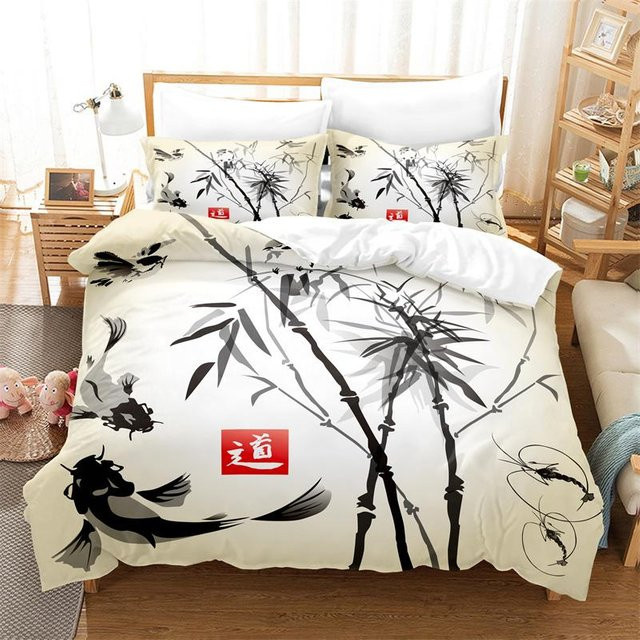 Bettwäsche-Set JMG Household Supplies mit Bambusmalerei im orientalischen Stil, Farbe Beige, B/H: 135 x 200 cm - Bild 1