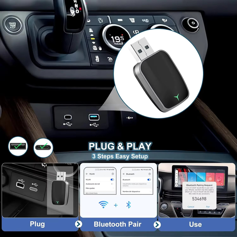 Neelyke 2-in-1 Kabelloser CarPlay und Android Auto Adapter in Schwarz mit USB-C und USB-A Anschluss sowie 5GHz WLAN für Plug-and-Play - Bild 2
