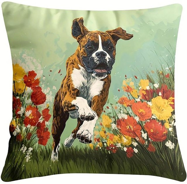 JMG Clothing Boxer Hund Kissenbezug mit floralem Design, beidseitig bedruckt, kurzplüschig, B/B: 45 x 45 cm, Mehrfarbig - Bild 1