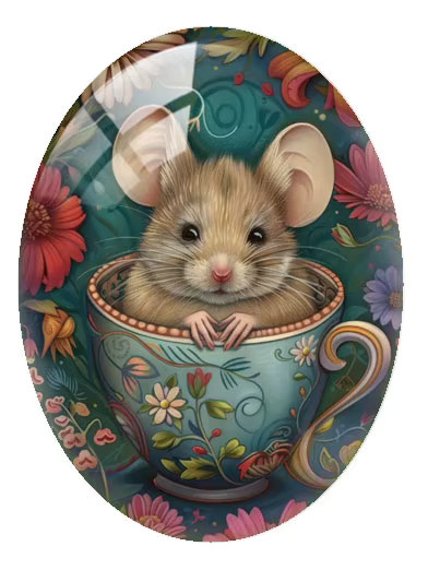 Fezrgea Glas-Cabochon, Retro Blumen Teetassen-Ratten-Maus, Oval, Unisex - Bild 3