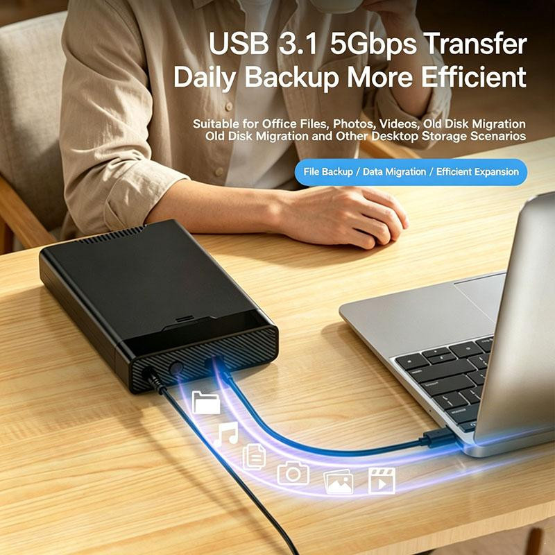 Meiteai-Tech Tragbare Festplattenbox mit USB-C Anschluss und 12V Netzteil für 2,5 und 3,5 Zoll SATA Festplatten, Schwarz - Bild 3