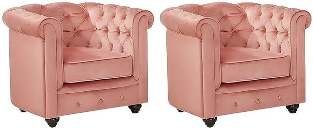 Vente-unique Chesterfield Sessel mit gerader Rückenlehne aus Samt in Puderrosa, Höhe: 82 cm - Bild 1