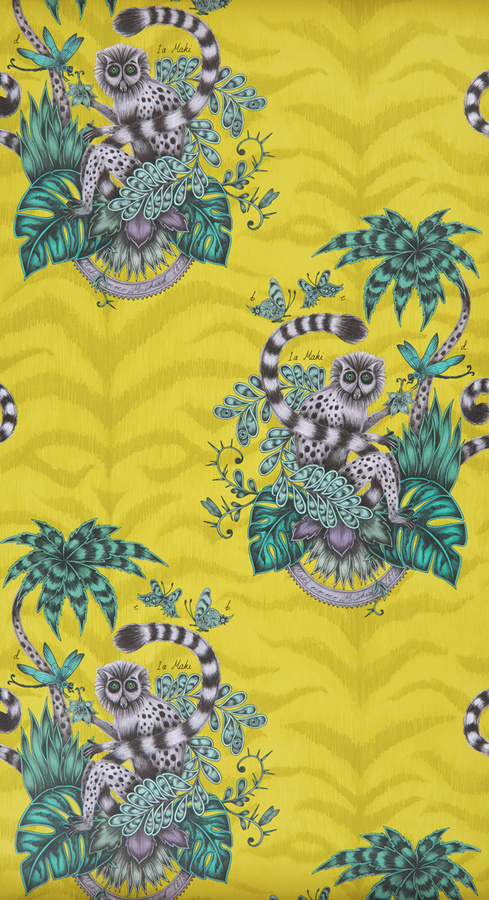 Clarke & Clarke Tapete Lemur Lime in Gelb mit Tiermotiv und botanischem Design als Vlies-Rolle - Bild 1