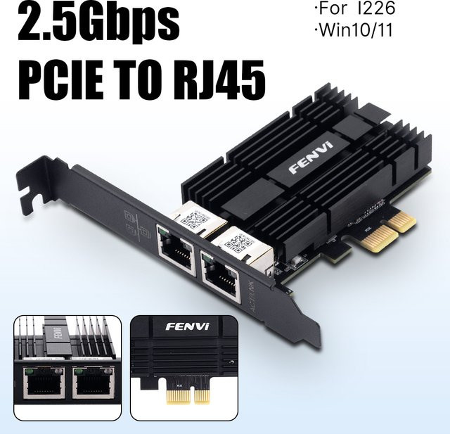 FENVI PCI-E zu RJ45 Netzwerkkarte I226 Gigabit Ethernet LAN 2,5G 2500Mbps Adapter für Desktop PC, Schwarz - Bild 1