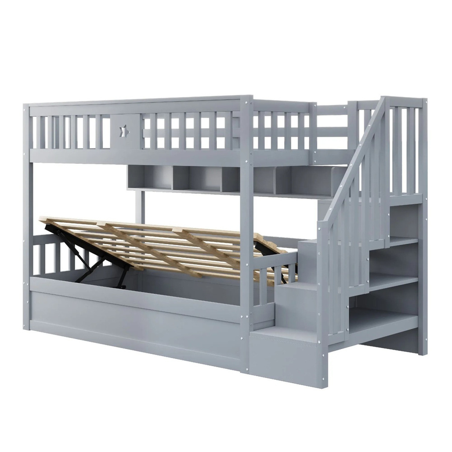 Merax Hochbett für Kinder aus Holz und MDF mit Treppe, Regal und Lift-up-Basis, Grau/Weiß, B/T/H: 200 x 90 x 170 cm - Bild 2