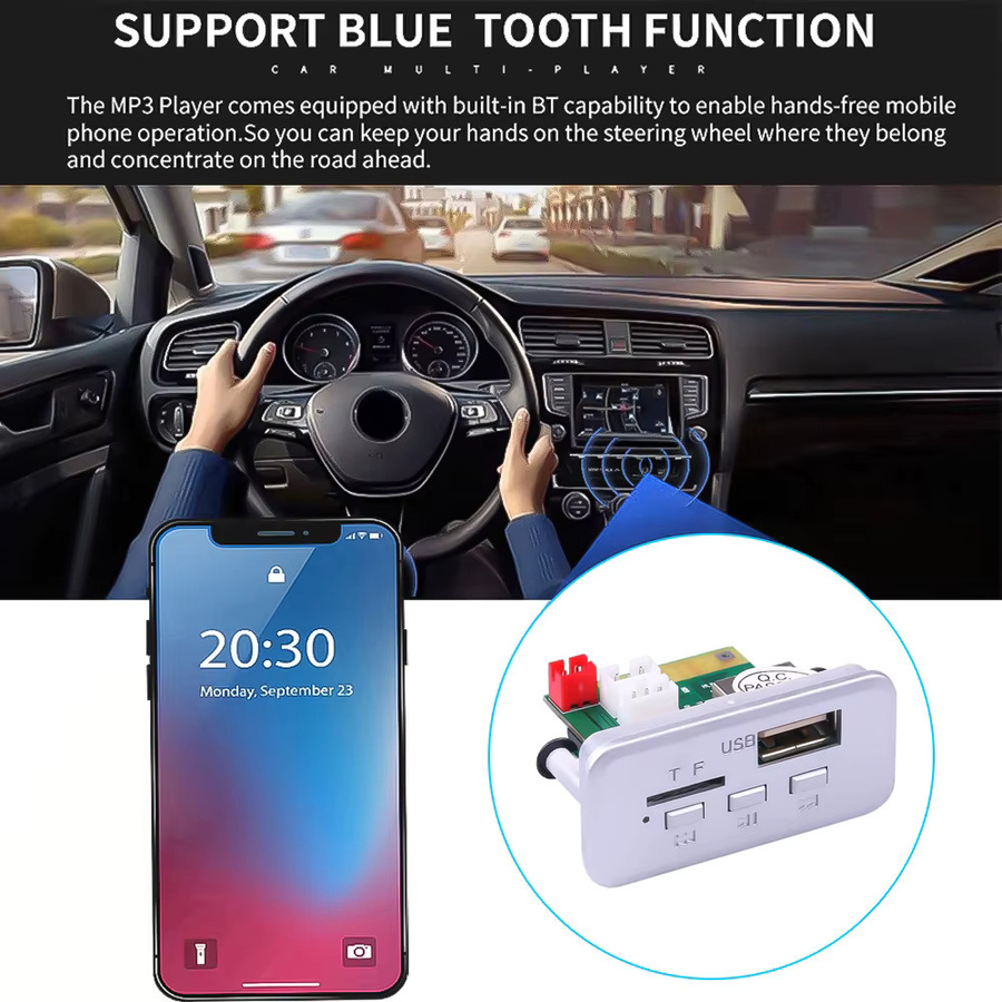 Kebidu Bluetooth 5.0 Car Kit DC 12V MP3 Player Decoder Board mit USB, TF und FM Radio in Schwarz - Bild 2