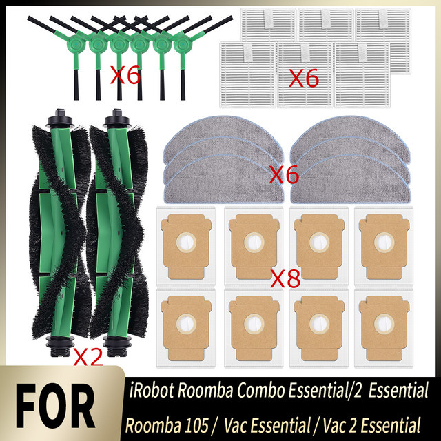 Ersatzteil-Set für iRobot Roomba Combo Essential, 2 Essential und 105 Combo bestehend aus Hauptbürste, Seitenbürste, HEPA-Filter, Wischmopp und Staubbeuteln - Bild 1