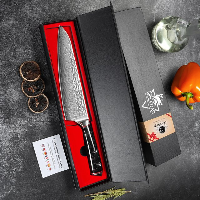WOLFDAO Damaszener Stahl Kochmesser mit 67 Lagen, 8 Zoll Küchenmesser mit schwarzem G10 Griff, ergonomisches Design für Fleisch, Fisch, Obst und Gemüse - Bild 1