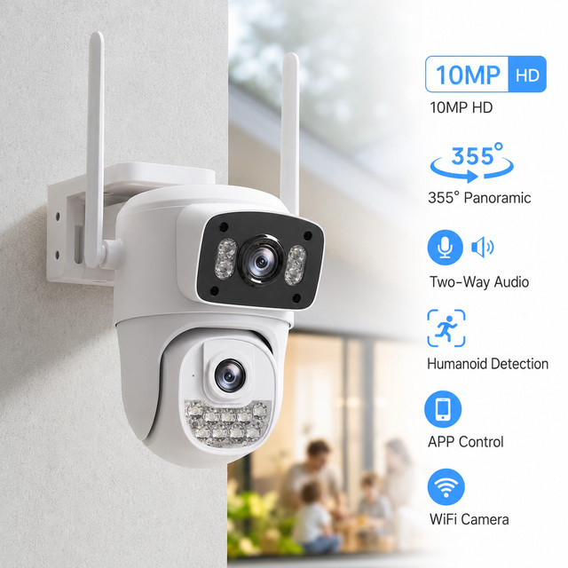 Hieasy 10MP Dual-Objektiv WLAN PTZ Überwachungskamera für den Außenbereich mit Dual-Bildschirm und Auto-Tracking in Weiß - Bild 1