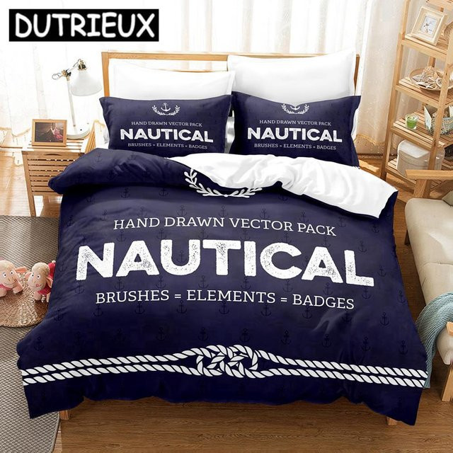 Bettwäsche Set Marineanker Design in Blau mit 3D-Druck aus Mikrofaser, B/H: 135 x 200 cm - Bild 1