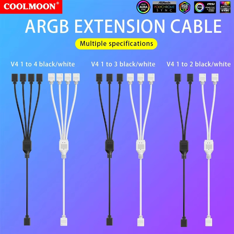 COOLMOON Gen 2 ARGB Splitter 5V 3 Pin Universal Mainboard ARGB Verlängerungskabel mit Adapter Pin in Schwarz - Bild 1