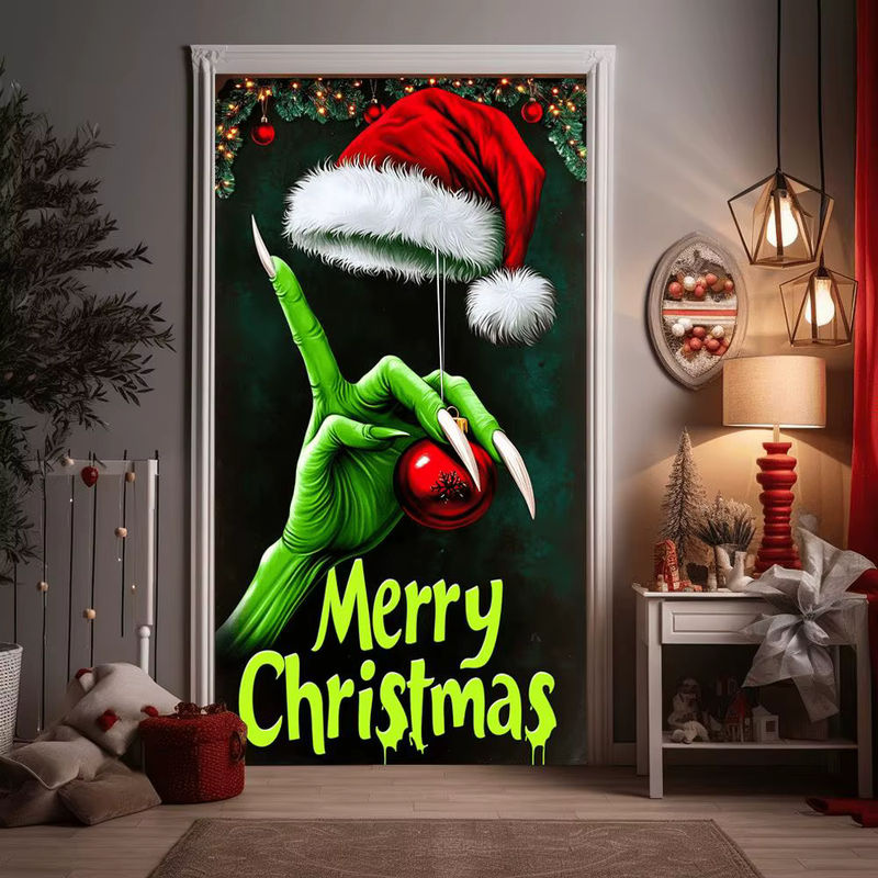 Weihnachts-Türdeko Frohe Weihnachten mit Elf-Motiv in Grün und Mehrfarbig, Vinyl-Hintergrund für Party und Veranda, B/H: 180 x 90 cm - Bild 3