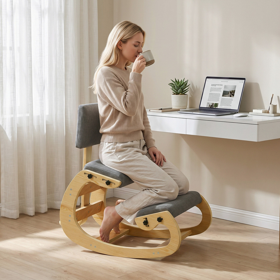 HOMCOM Ergonomischer Knienstuhl mit Wippfunktion und Rückenlehne aus Birken-Sperrholz in Grau mit Leinenoptik - Bild 2