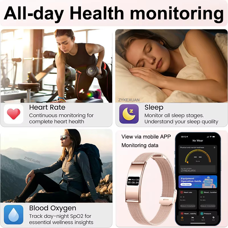 BOXUXING Smart-Armband für Damen in Schwarz mit Fitness-Tracker, Herzfrequenz- und Schlafmonitor sowie 10ATM Wasserdichtigkeit für Android und iOS - Bild 5