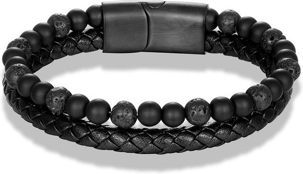 YULIN Armband Herren, Leder Schwarz, Edelstahl, Perle, 19cm