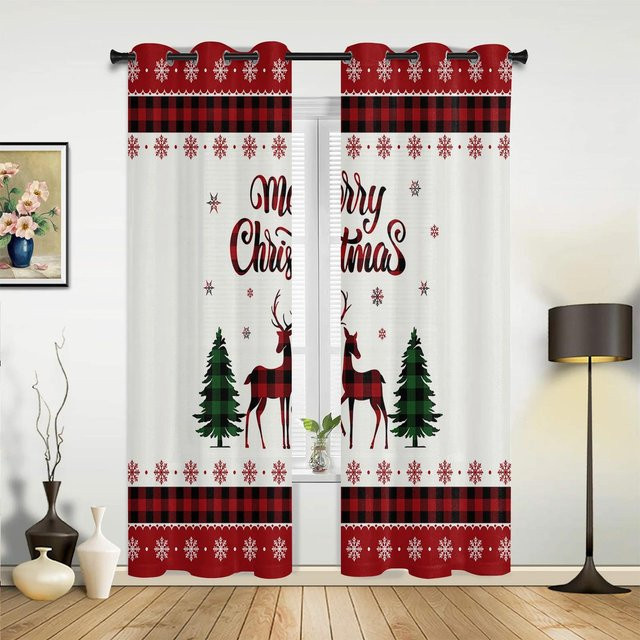 Weihnachten Fenster Vorhänge mit Weihnachtsmann und Karomuster in Rot, semi-transparent, Breite: 135 cm, Höhe: 60 cm - Bild 1