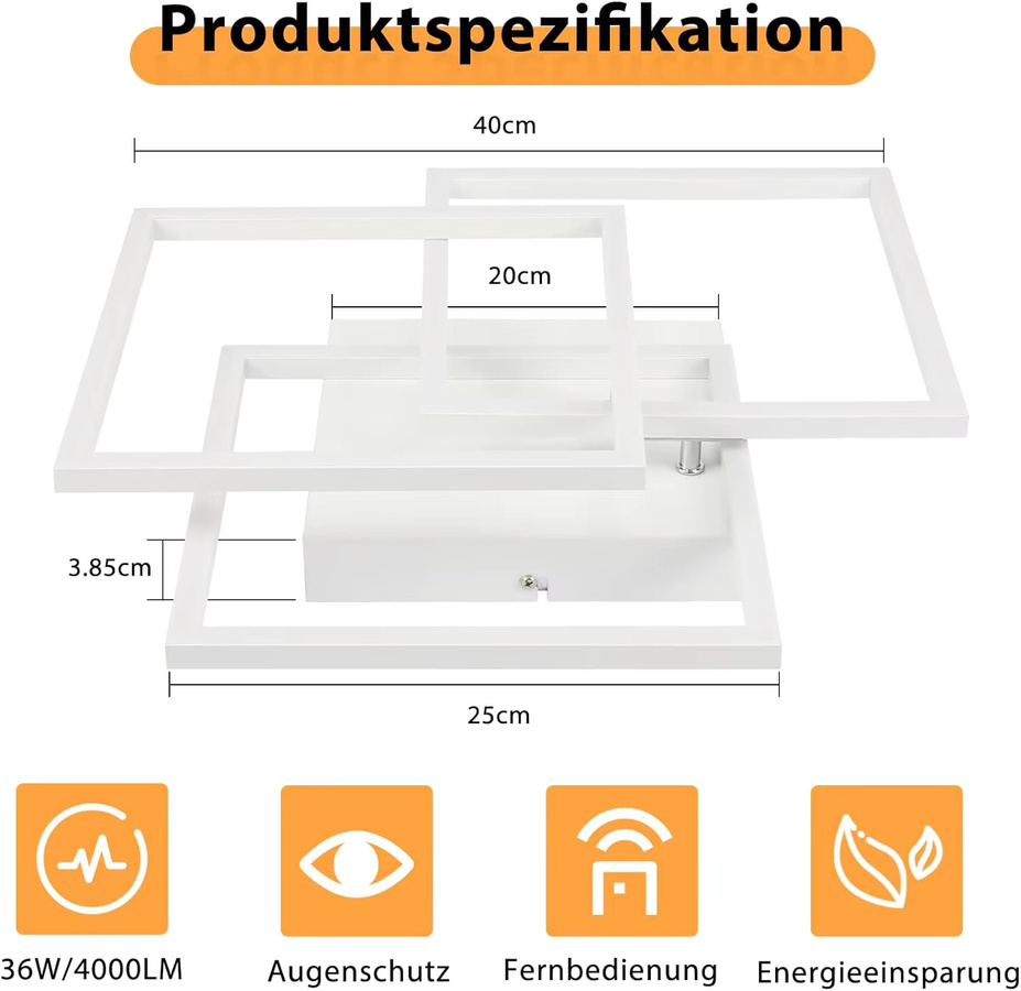 Cliheet LED-Deckenleuchte in Weiß mit 3 Quadraten, 36W, dimmbar mit Fernbedienung, CCT Farbtemperatur für Wohnzimmer, Schlafzimmer, Küche und Kinderzimmer - Bild 4