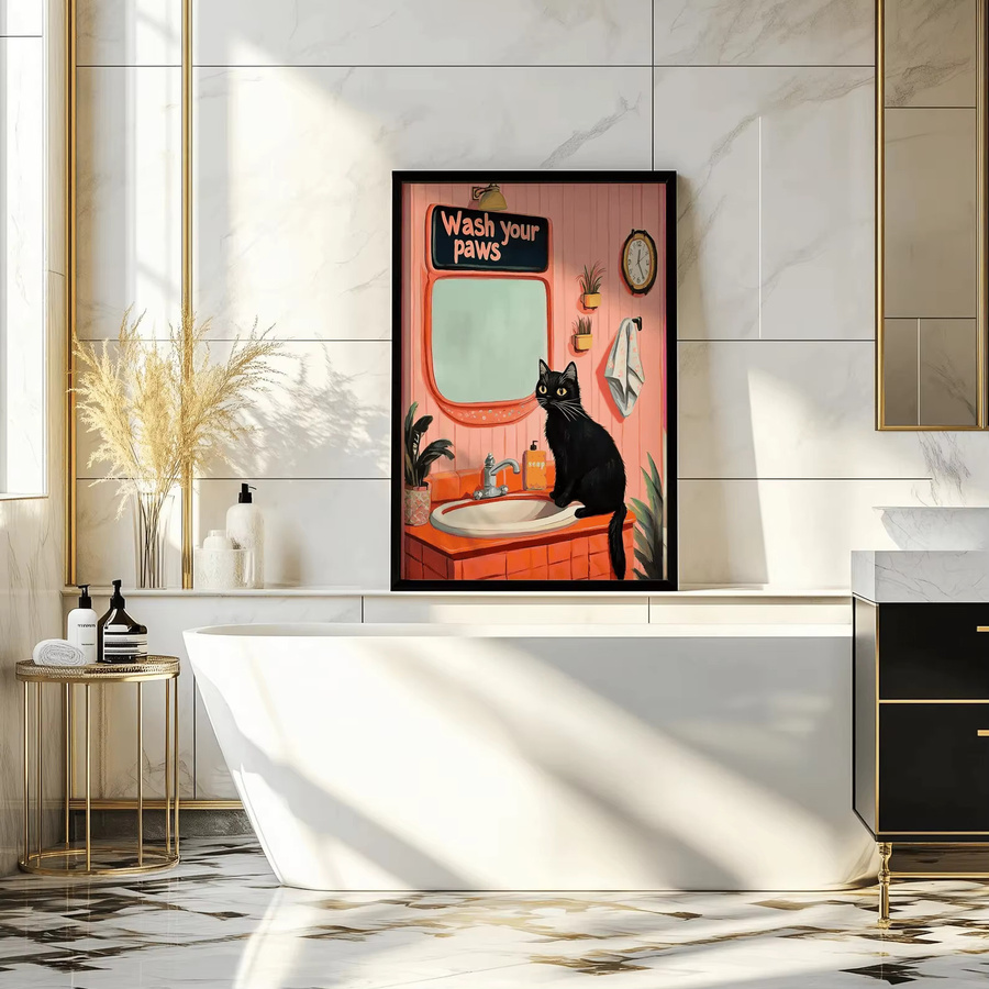 Retro Katzenposter Wash Your Paws von SHENCHEN in Pink für deine Badezimmer Wandkunst - Bild 2