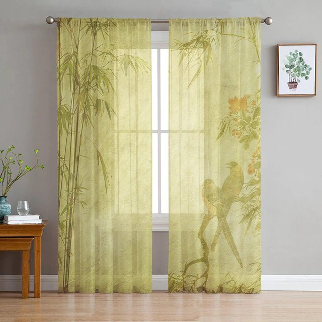 Transparente Chiffon-Fenstervorhänge mit Bambuswald-Motiv von A Family Of Home Textiles in Grün, Breite: 135 cm, Höhe: 137 cm - Bild 1