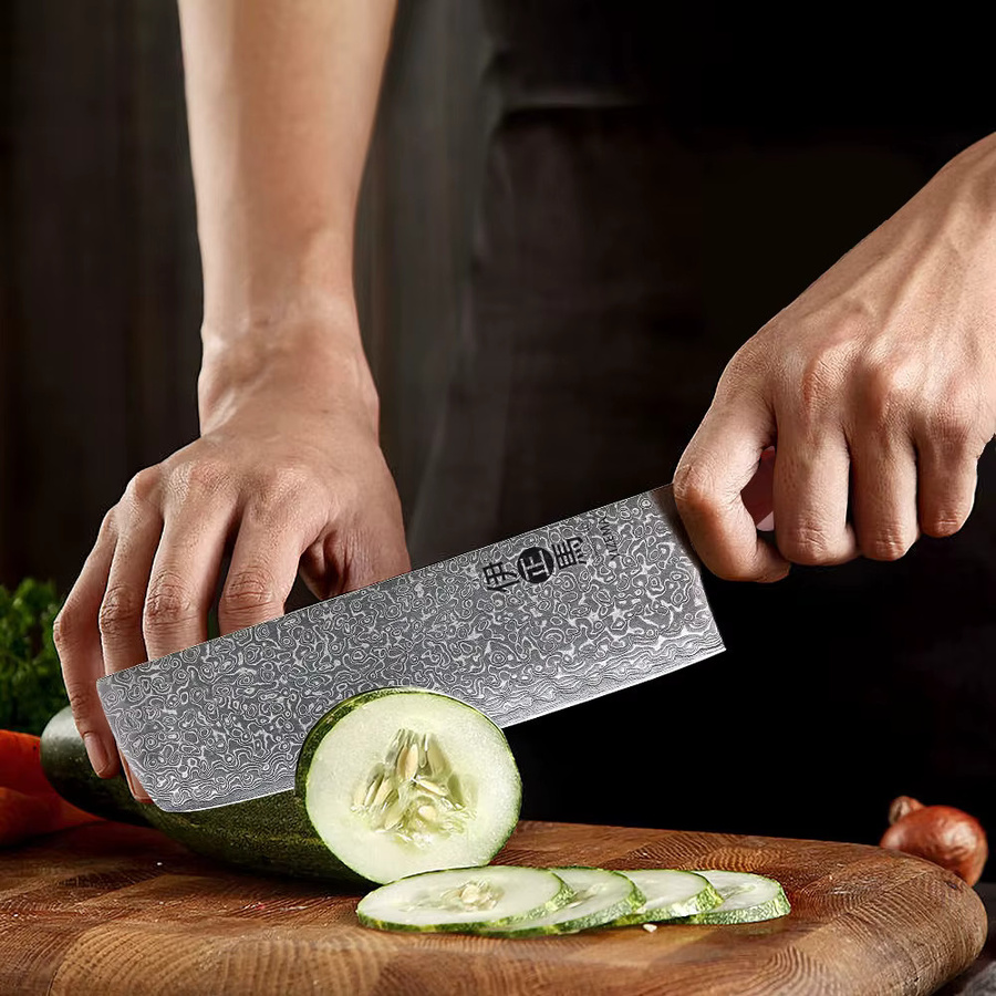 YIZEMA Nakiri-Messer aus Damaststahl, handgefertigtes japanisches Gemüsemesser mit Holzgriff, Silber - Bild 4