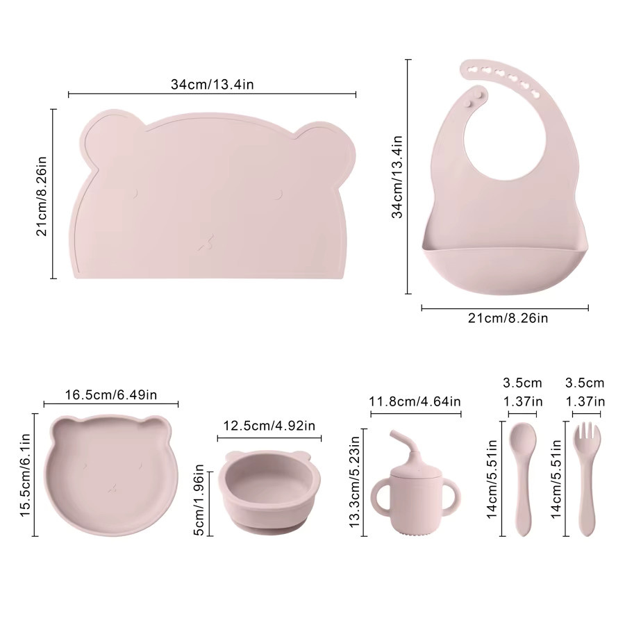 7-teiliges Silikon-Fütterset für Babys mit Lätzchen, Tischset, Sauggeschirr, Teller, Schüssel, Trinkbecher und Utensilien in Grau und Blau - Bild 2