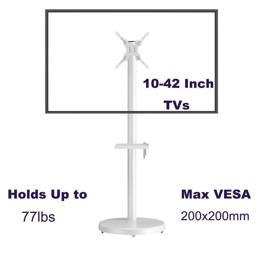 BEISHI Mobiler TV-Ständer für 10-42 Zoll Fernseher in Weiß, Höhenverstellbarer Rollbarer TV-Halter mit Medienablage und Feststellbaren Rädern aus Metall - Bild 6