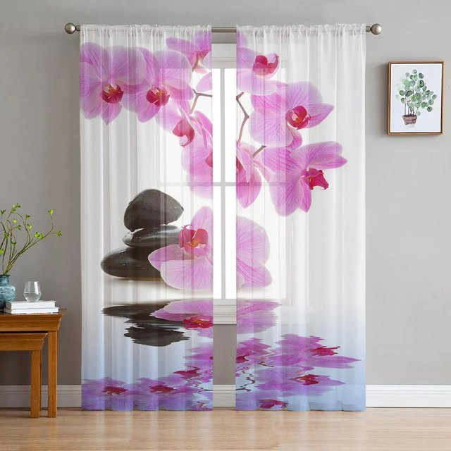 Yiran Furniture Chiffon-Gardine mit floralem Blumenmuster in Rot und Multicolour, transparent, B: 135 cm, H: 115 cm - Bild 1