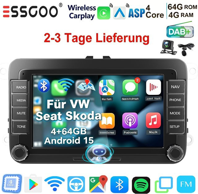 ESSGOO Android 15 Multimedia-Autoradio mit 7 Zoll Display, 4GB RAM, 64GB Speicher, Wireless Carplay, GPS, Bluetooth, WiFi und RDS FM für Volkswagen VW Golf 5 6 Passat Polo 6R Tourigan Tiguan Caddy EOS Jetta Seat Skoda, Schwarz - Bild 1