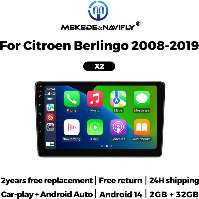 MEKEDE 2 DIN Autoradio mit Bluetooth, Wireless Carplay und Android Auto für Citroen Berlingo B9 und Peugeot Partner 2008-2019, Schwarz - Bild 1