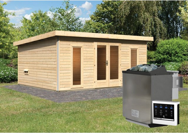 Karibu Saunahaus Magnus 4 Set in Natur aus nordischer Fichte mit 9 kW Bio Ofen und externer Steuerung - Bild 1