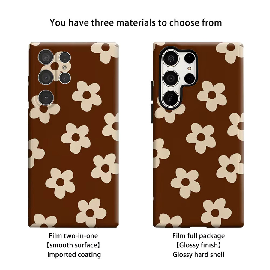 Braune Retro Handyhülle mit Mini Blumen Design für Samsung Galaxy S25 Ultra, S24 und S23 Ultra Plus, stoßfeste Doppelschicht Rückabdeckung - Bild 2