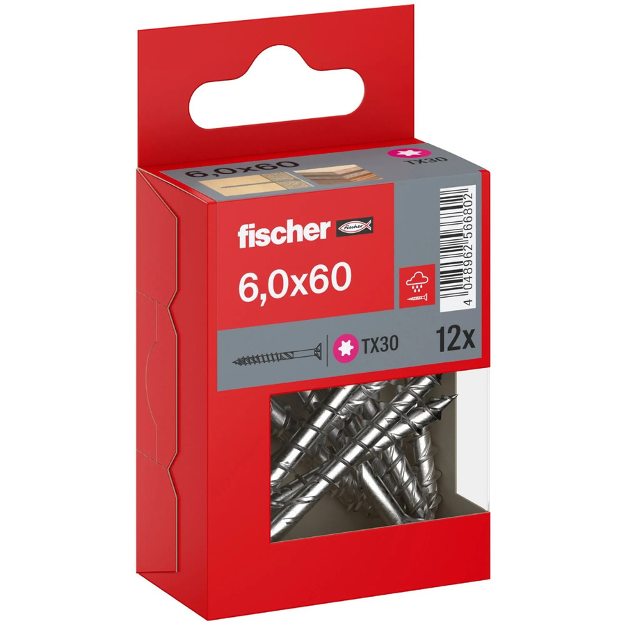 Fischer PowerFast II A2 Senkkopf TX Teilgewinde Schraube aus Edelstahl in Silber, Durchmesser: 6 mm, Länge: 60 mm, 12 Stück - Bild 2