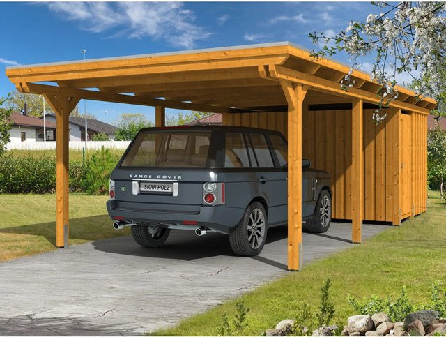 Skan Holz Carport Emsland mit Abstellraum in Eiche hell und Braun, B/T: 404 x 846 cm, Firsthöhe: 242 cm - Bild 1