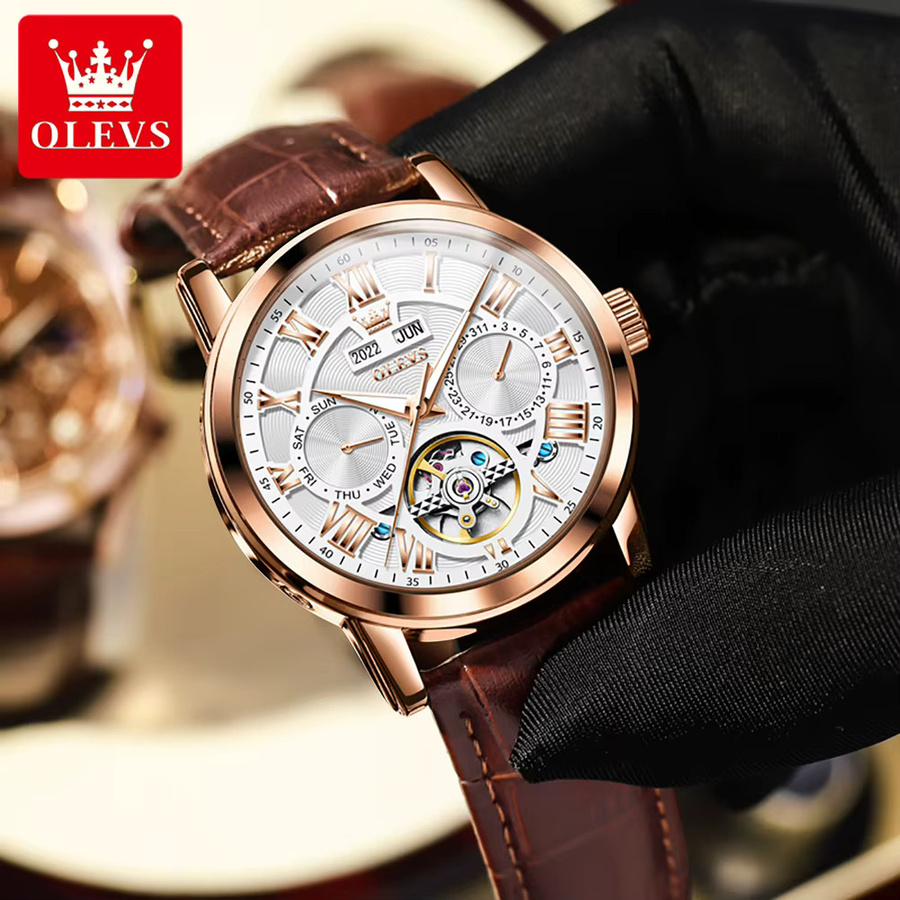 OLEVS Armbanduhr Automatik, Leder, Edelstahl, Bicolor, Herren - Bild 4