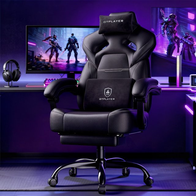 GTPLAYER Gaming Stuhl in Schwarz mit Fußstütze, höhenverstellbarer Gamer Sessel mit verstellbaren Armlehnen, Lenden- und Kopfkissen sowie 200 kg Tragkraft - Bild 1