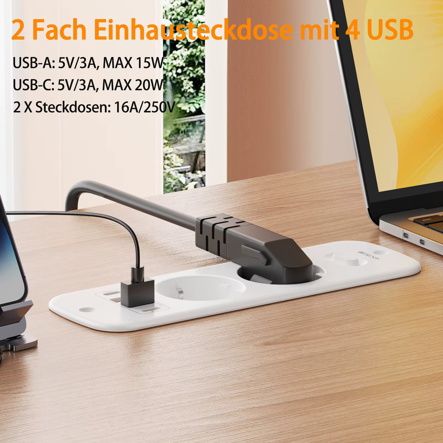 HITRENDS Tisch-Einbausteckdose in Weiß mit 2 AC-Steckdosen und 2 USB-C Schnellladeanschlüssen sowie 2 m Kabel - Bild 3