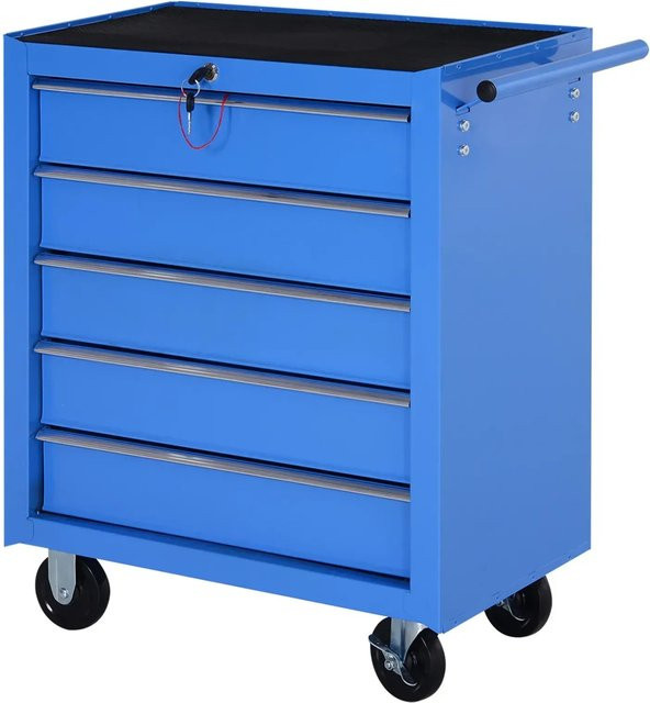 HOMCOM Werkstattwagen aus Metall mit 5 Schubladen, fahrbarer Werkzeugwagen mit Rollen und Feststellbremse, Blau oder Rot, B/T/H: 33,0 x 23,0 x 77,0 cm - Bild 1